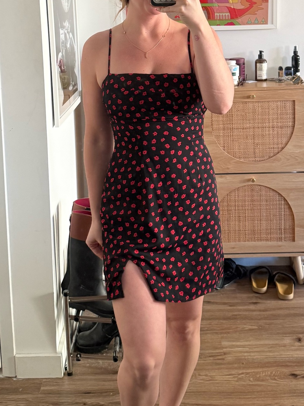 Black Mini Dress with Red Floral Print - Strappy Summer Dress